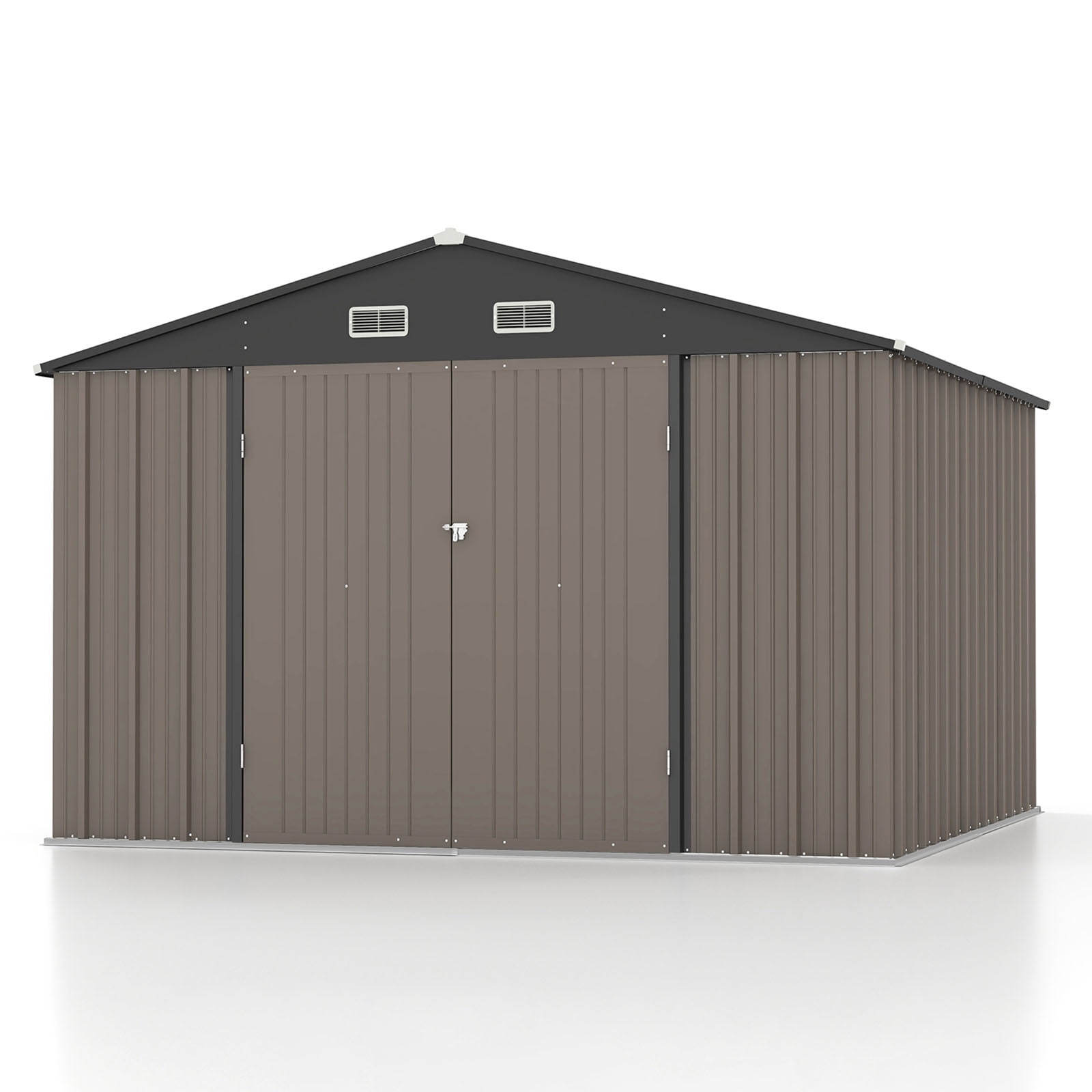 10 x 10 ft Outdoor Storage Metal Shed with Sloping Roof and Double Lockable Door, Brown
