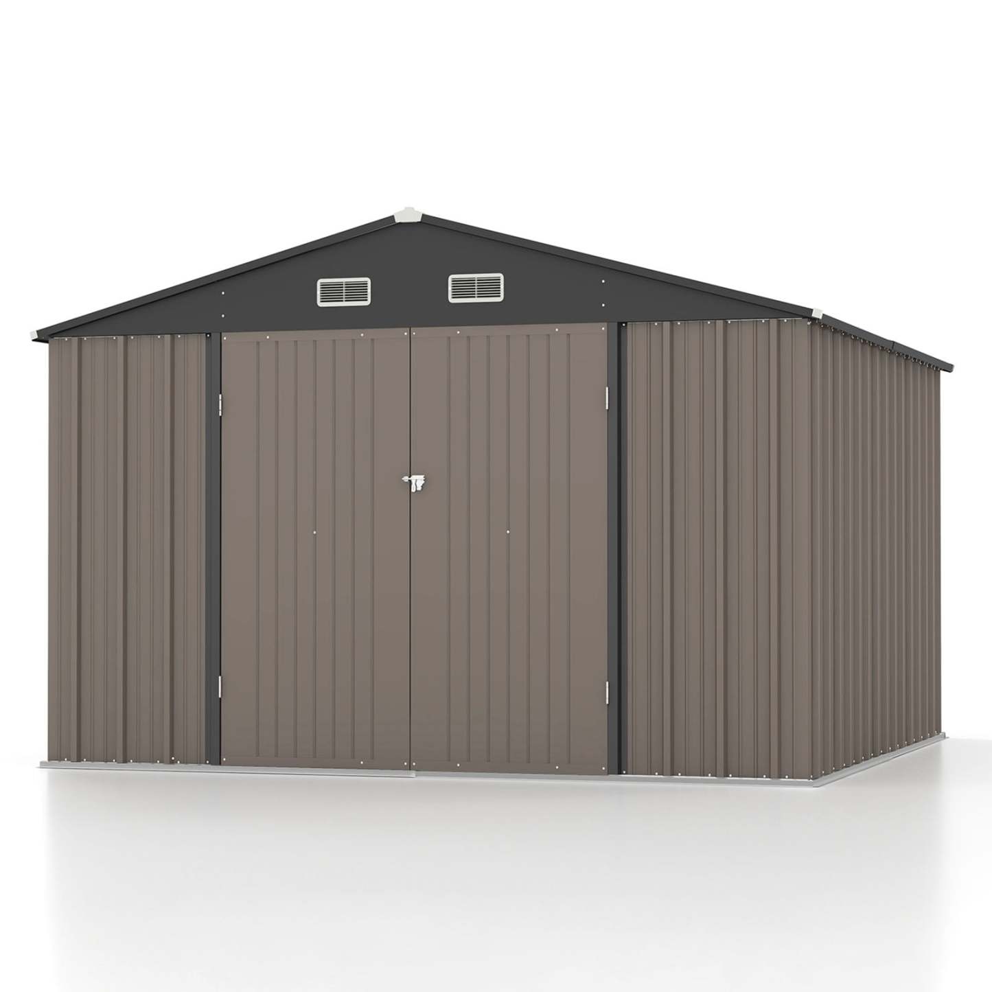 10 x 10 ft Outdoor Storage Metal Shed with Sloping Roof and Double Lockable Door, Brown