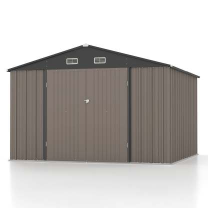 10 x 10 ft Outdoor Storage Metal Shed with Sloping Roof and Double Lockable Door, Brown