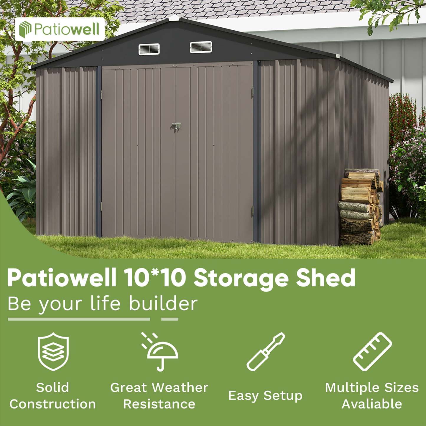 10 x 10 ft Outdoor Storage Metal Shed with Sloping Roof and Double Lockable Door, Brown