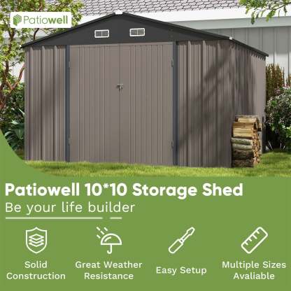 10 x 10 ft Outdoor Storage Metal Shed with Sloping Roof and Double Lockable Door, Brown
