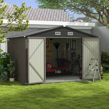 10 x 10 ft Outdoor Storage Metal Shed with Sloping Roof and Double Lockable Door, Brown