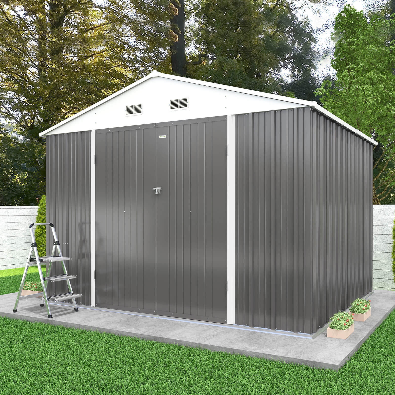 10 x 10 ft Outdoor Storage Metal Shed with Sloping Roof and Double Lockable Door, Brown