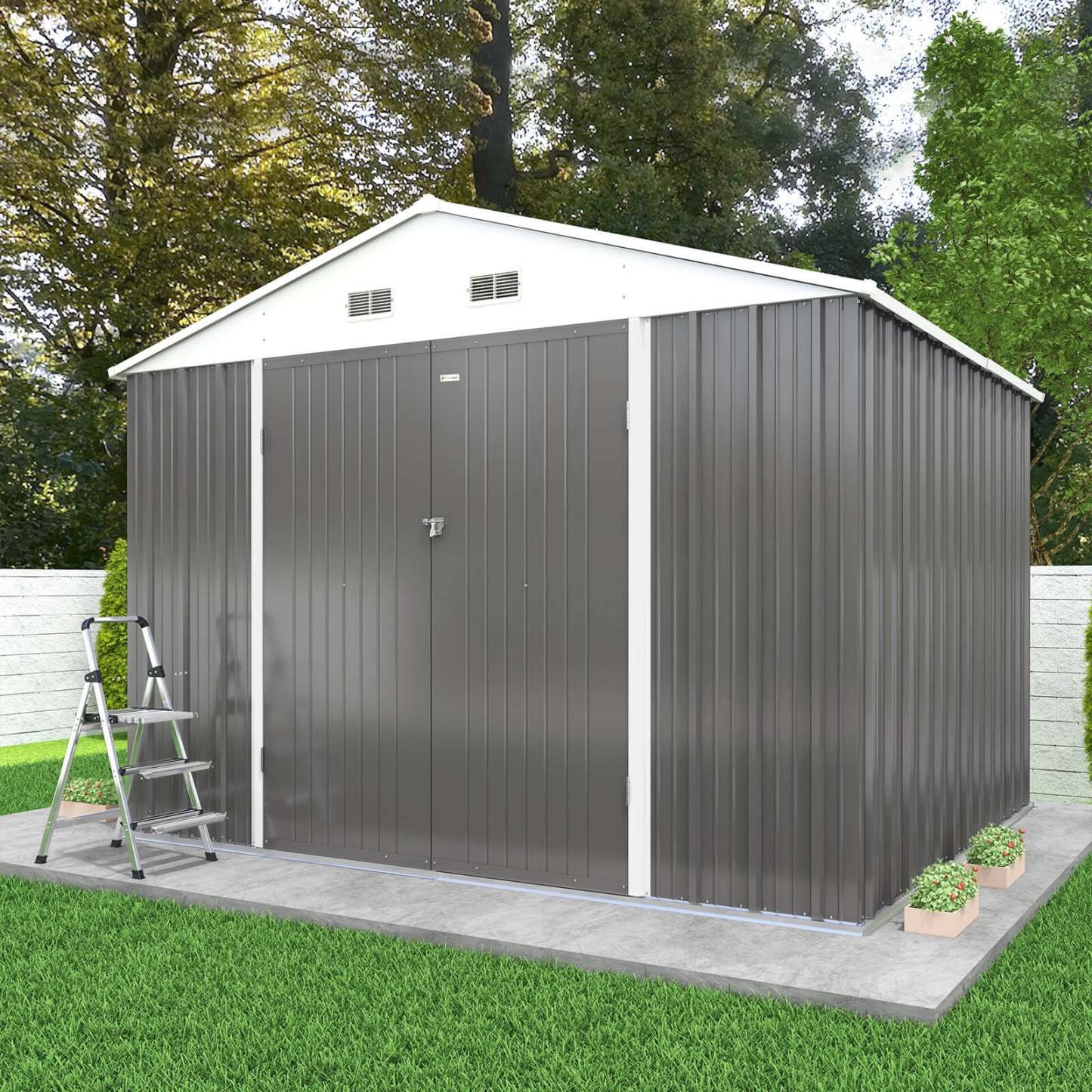 10 x 10 ft Outdoor Storage Metal Shed with Sloping Roof and Double Lockable Door, Brown