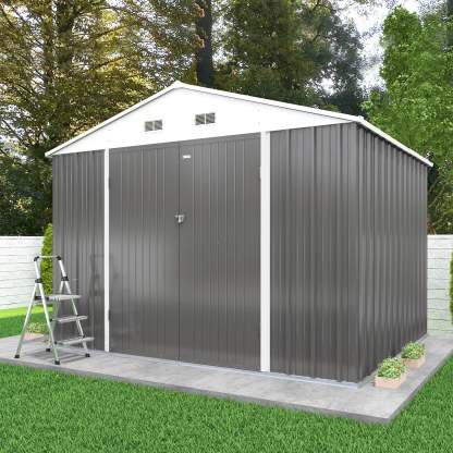 10 x 10 ft Outdoor Storage Metal Shed with Sloping Roof and Double Lockable Door, Brown