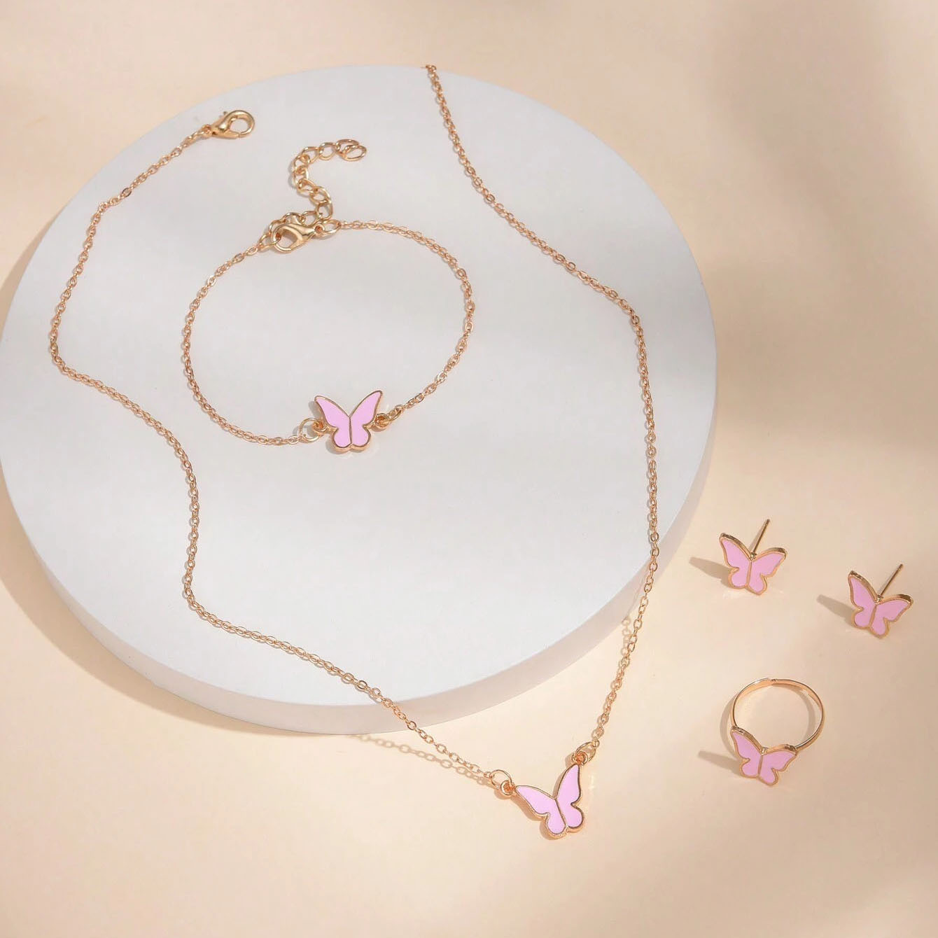6pcs/Set Women's Leather Strap Quartz Watch, Butterfly & Star Necklace & Bracelet, Ring, And Earrings