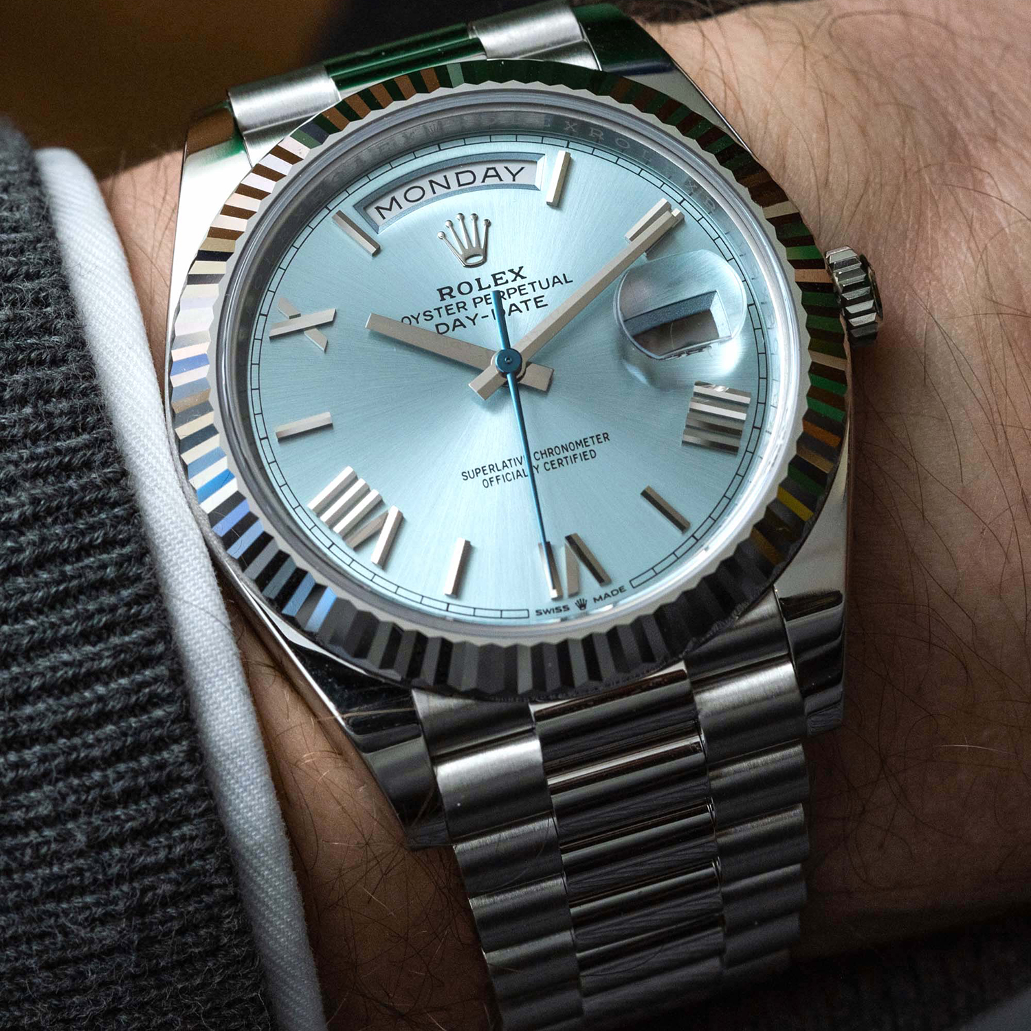 rolthtex Oyster Perpetual Day-Date President 40mm in Platinum with Ice-Blue Dial Men's Watch 228236-0012 Unworn