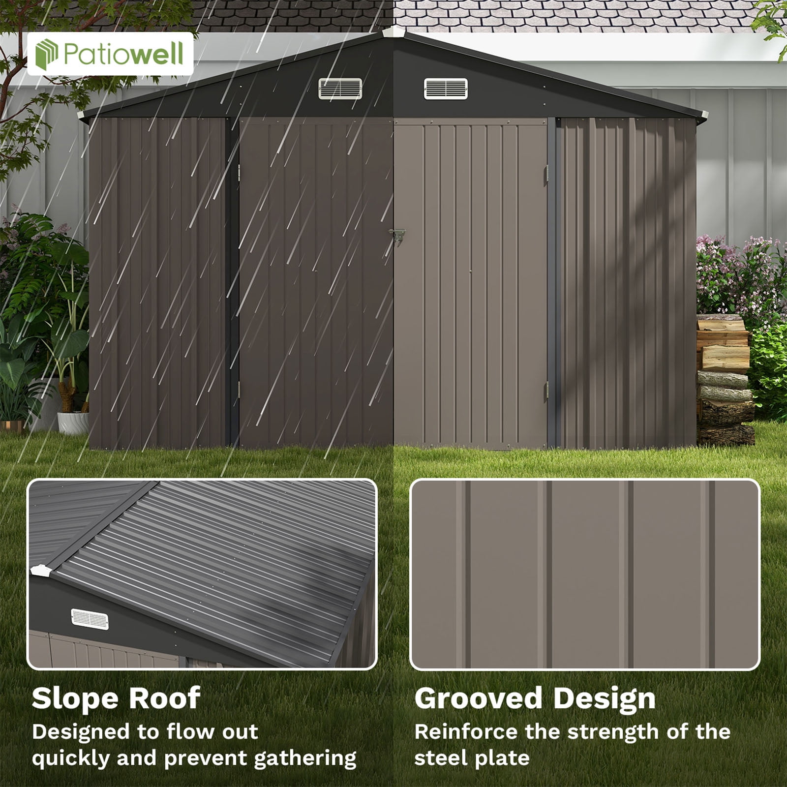 10 x 10 ft Outdoor Storage Metal Shed with Sloping Roof and Double Lockable Door, Brown