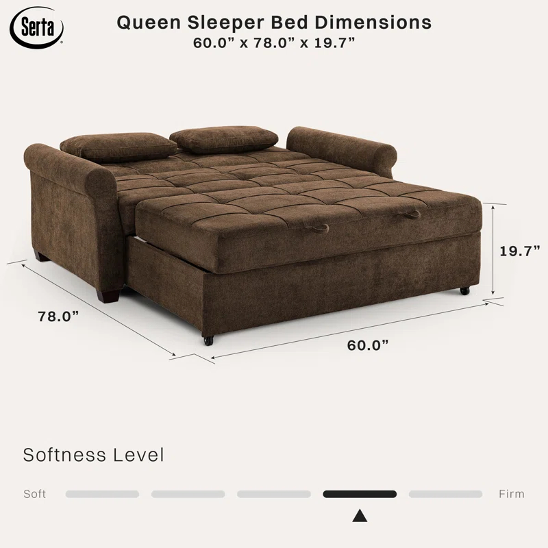 Serta Sabrina 72.6'' Queen Rolled Arm Tufted Back Convertible Sleeper Sofa with Cushions