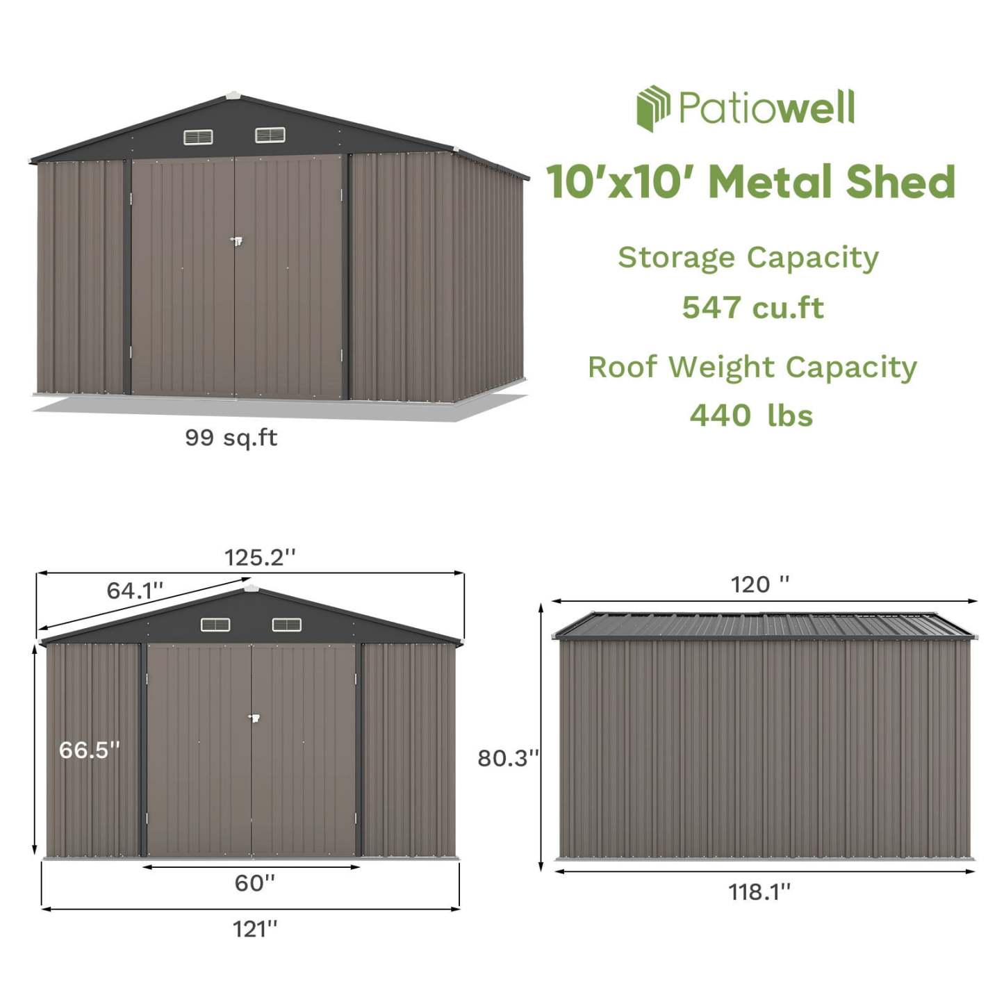 10 x 10 ft Outdoor Storage Metal Shed with Sloping Roof and Double Lockable Door, Brown