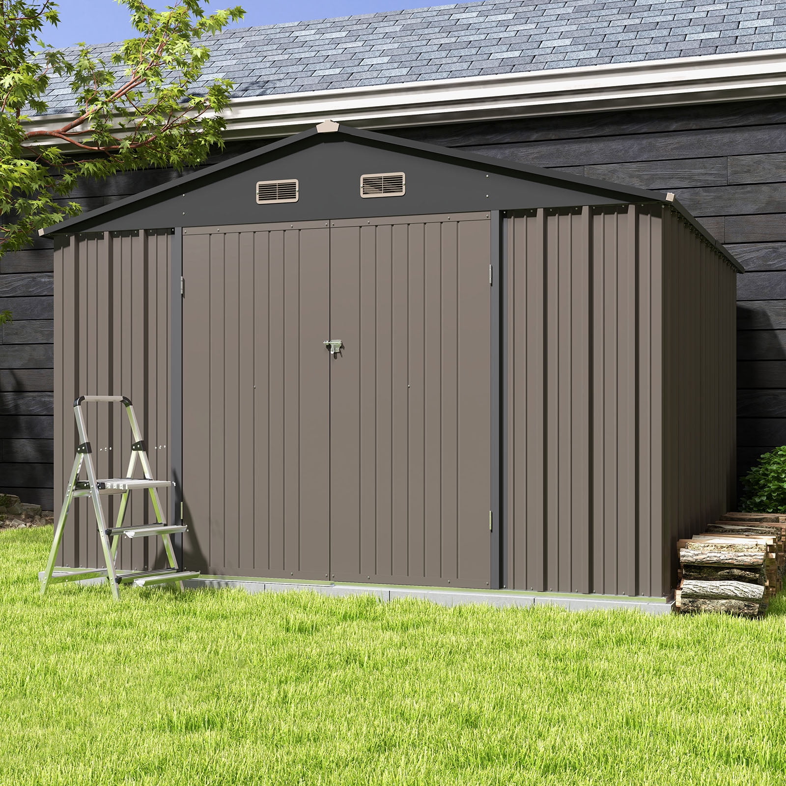10 x 10 ft Outdoor Storage Metal Shed with Sloping Roof and Double Lockable Door, Brown