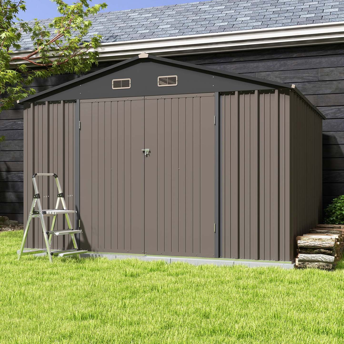 10 x 10 ft Outdoor Storage Metal Shed with Sloping Roof and Double Lockable Door, Brown