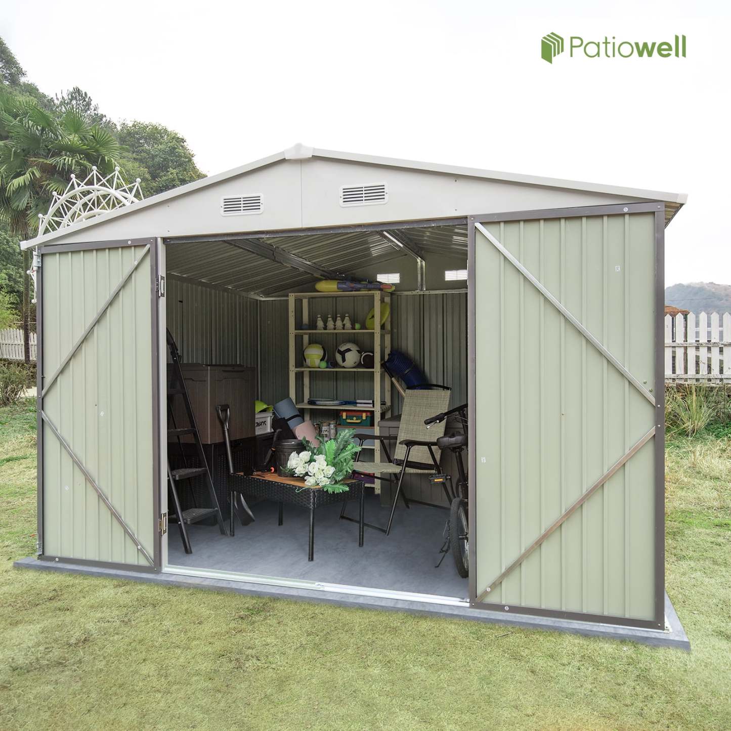 10 x 10 ft Outdoor Storage Metal Shed with Sloping Roof and Double Lockable Door, Brown