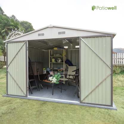 10 x 10 ft Outdoor Storage Metal Shed with Sloping Roof and Double Lockable Door, Brown