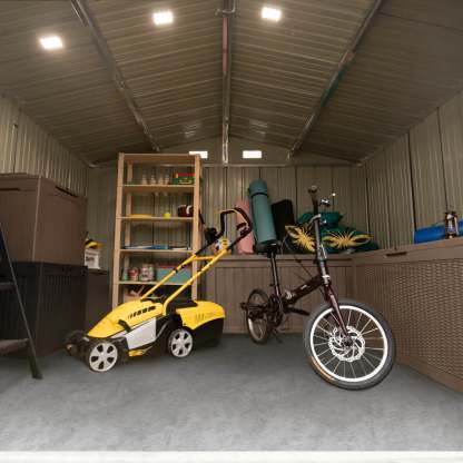10 x 10 ft Outdoor Storage Metal Shed with Sloping Roof and Double Lockable Door, Brown