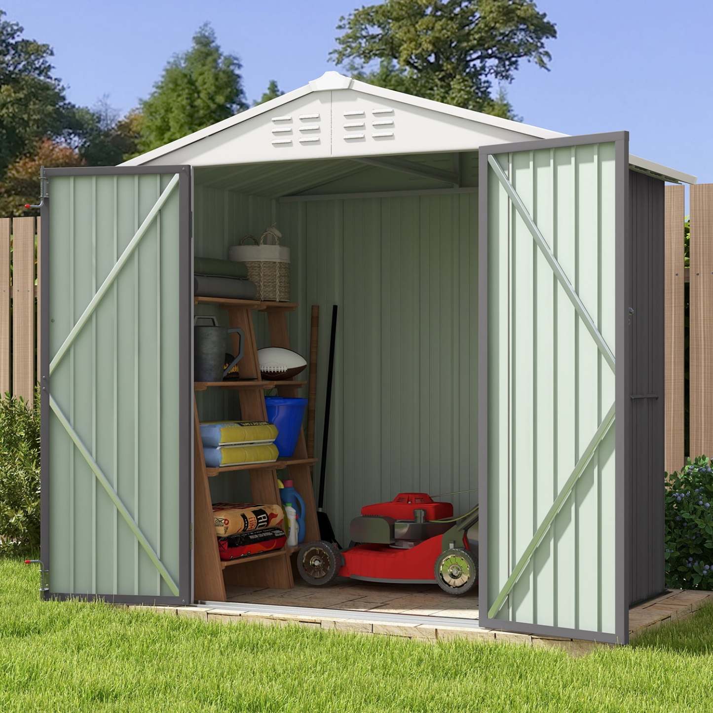 10 x 10 ft Outdoor Storage Metal Shed with Sloping Roof and Double Lockable Door, Brown
