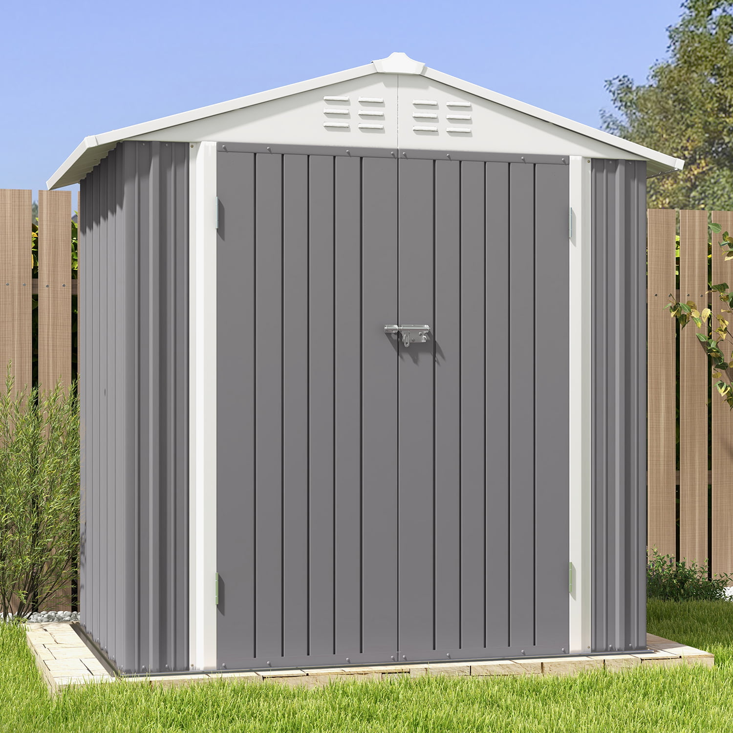 10 x 10 ft Outdoor Storage Metal Shed with Sloping Roof and Double Lockable Door, Brown