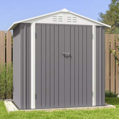 10 x 10 ft Outdoor Storage Metal Shed with Sloping Roof and Double Lockable Door, Brown