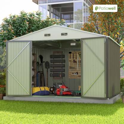 10 x 10 ft Outdoor Storage Metal Shed with Sloping Roof and Double Lockable Door, Brown