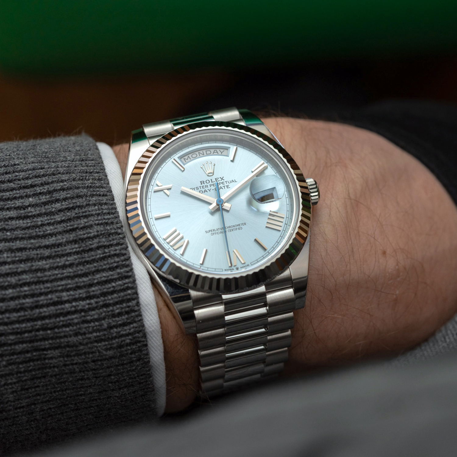 rolthtex Oyster Perpetual Day-Date President 40mm in Platinum with Ice-Blue Dial Men's Watch 228236-0012 Unworn