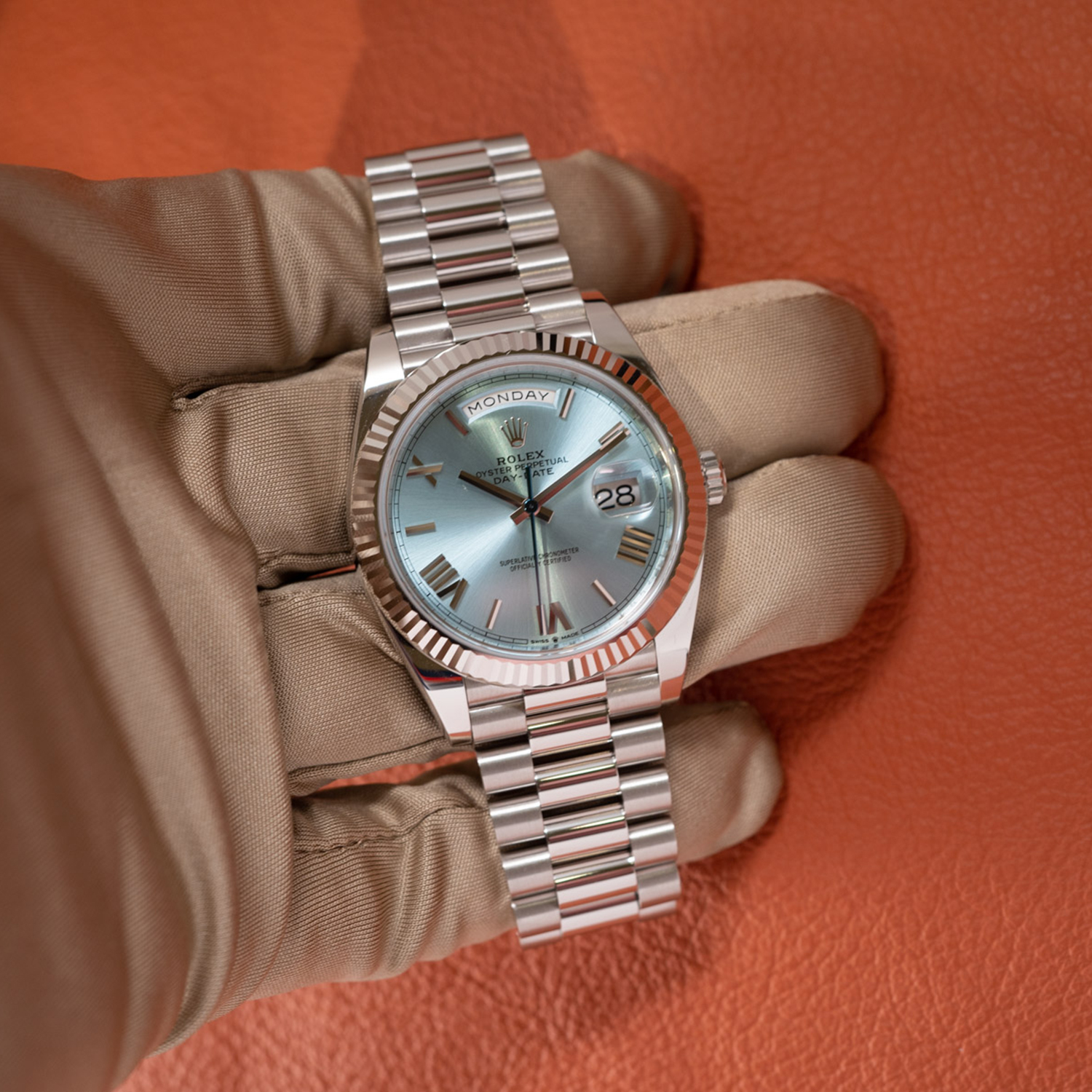 rolthtex Oyster Perpetual Day-Date President 40mm in Platinum with Ice-Blue Dial Men's Watch 228236-0012 Unworn