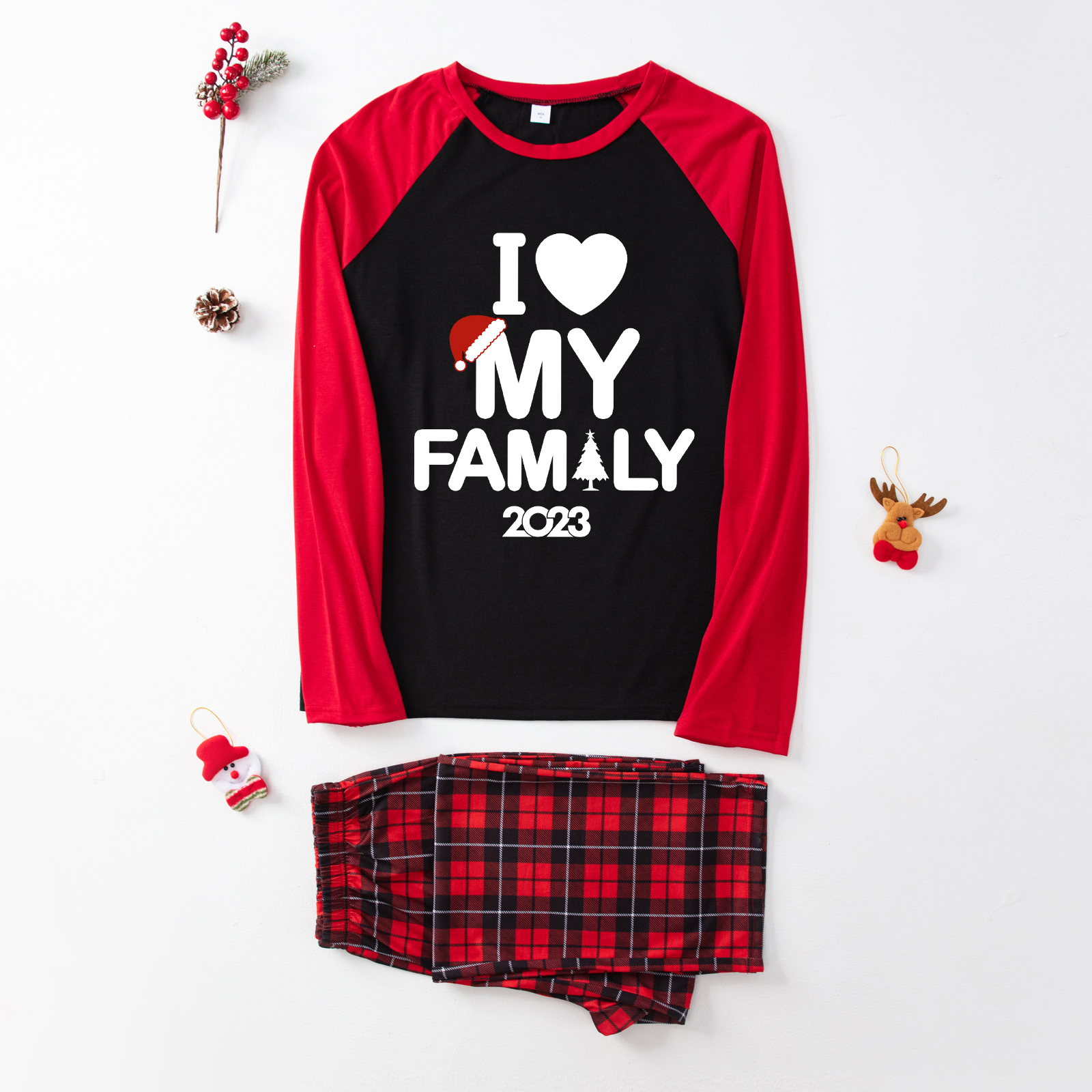 I Love My Family 2023 Christmas Plaids Family Matching Pajamas Set(Black)