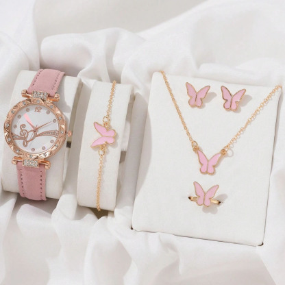 6pcs/Set Women's Leather Strap Quartz Watch, Butterfly & Star Necklace & Bracelet, Ring, And Earrings