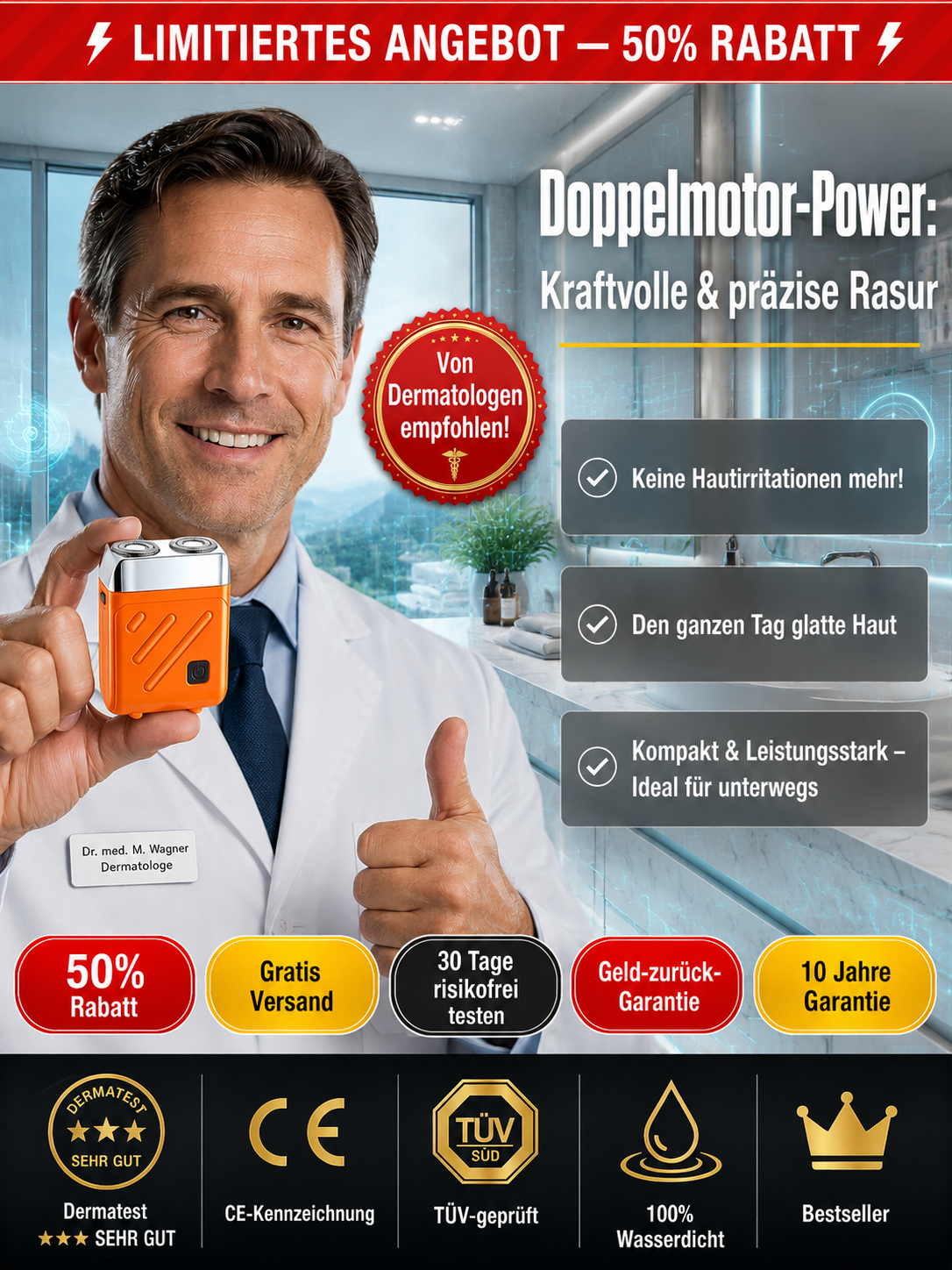 【50% Rabatt】Tragbarer elektrischer Rasierer mit Doppelkopf