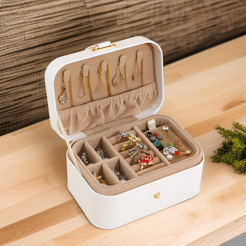 Joyero portátil de dos niveles con tapa de botón