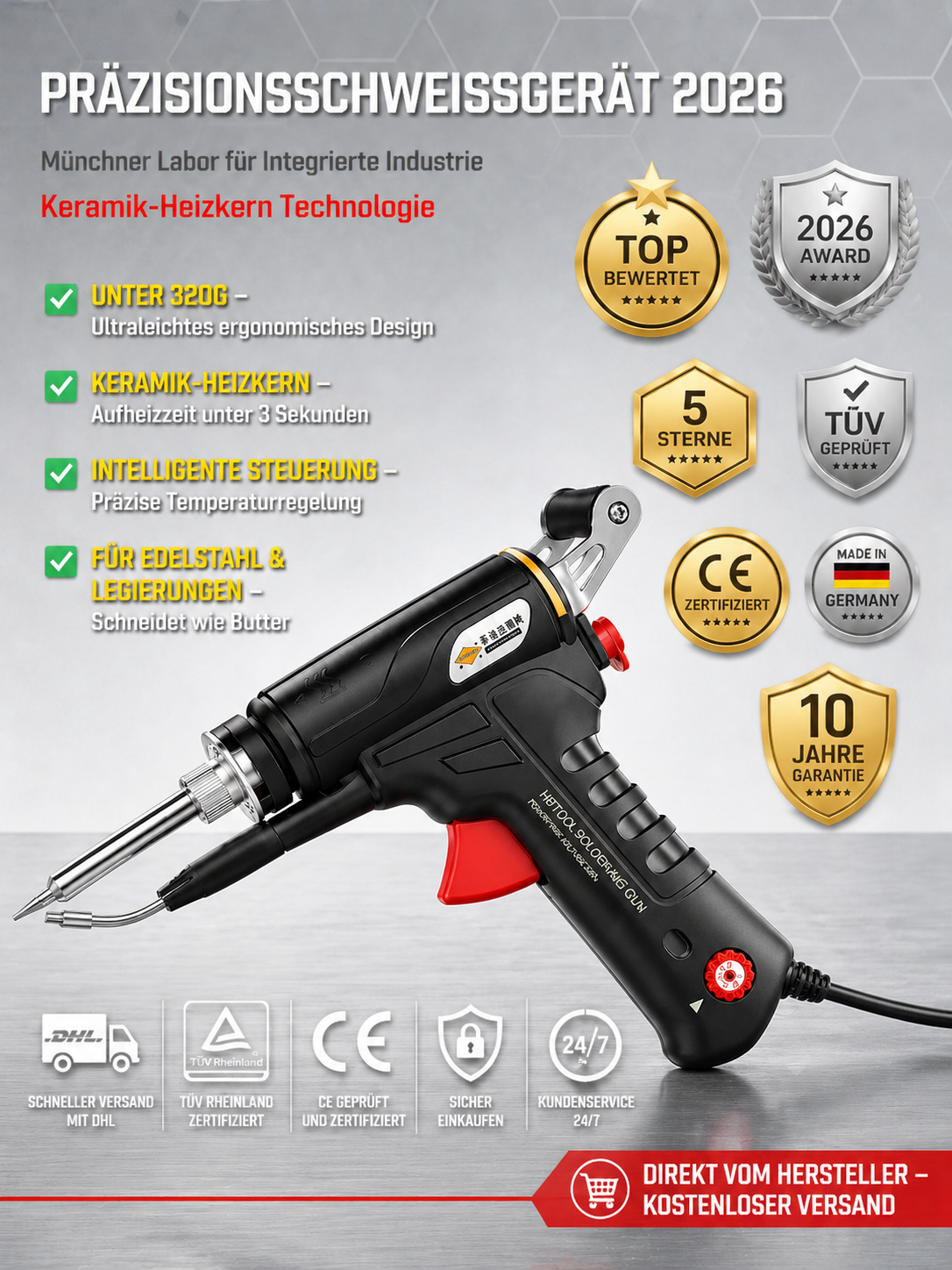  【90 ℃-480 ℃ einstellbar】 Handheld-Laserschweißmaschine