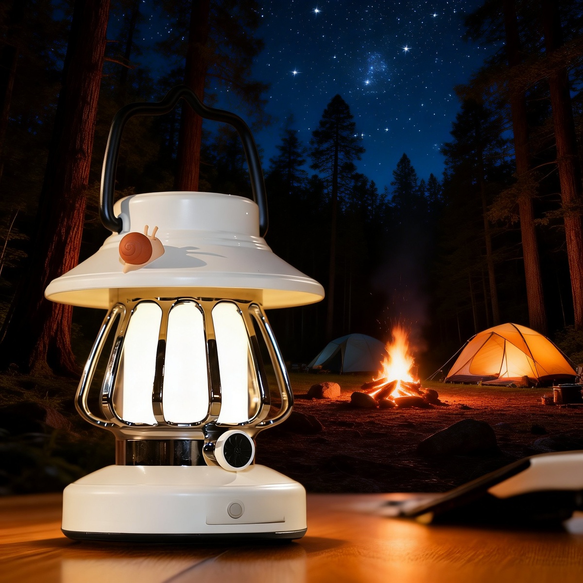 Tragbare Retro-Campinglampe mit LED-Nachtlicht und drei Positionen, USB-Aufladung