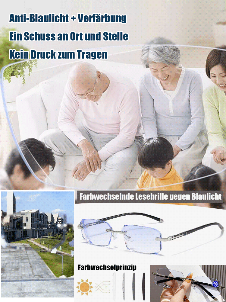 Neue modische, lichtempfindliche, randlose, farbwechselnde Lesebrille ohne Rahmen.