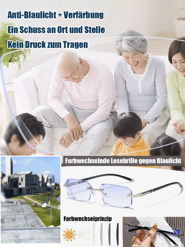 Neue modische, lichtempfindliche, randlose, farbwechselnde Lesebrille ohne Rahmen.