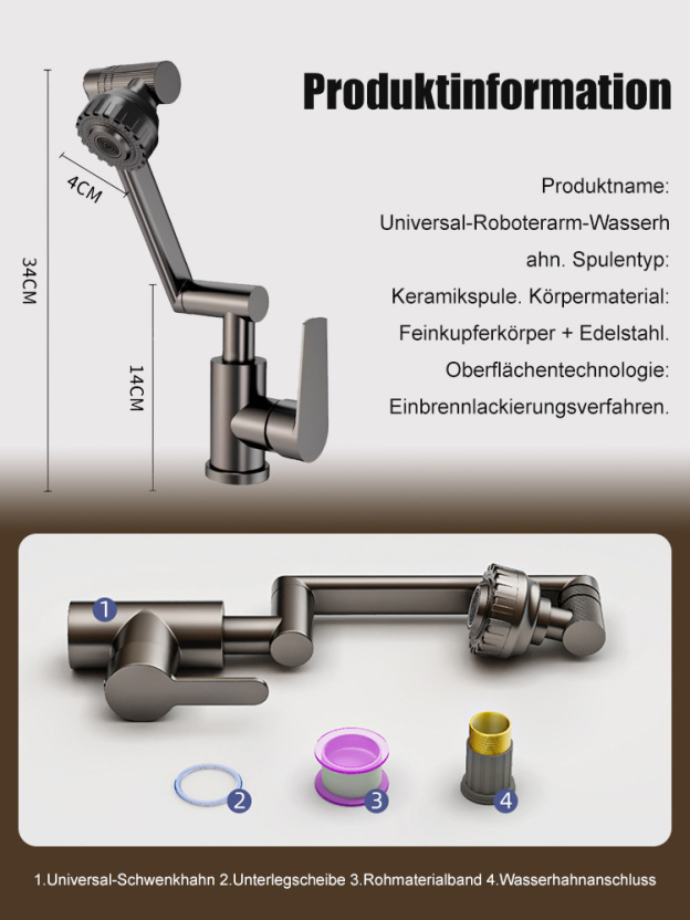 1080° drehbarer Wasserhahn mit mechanischem Arm
