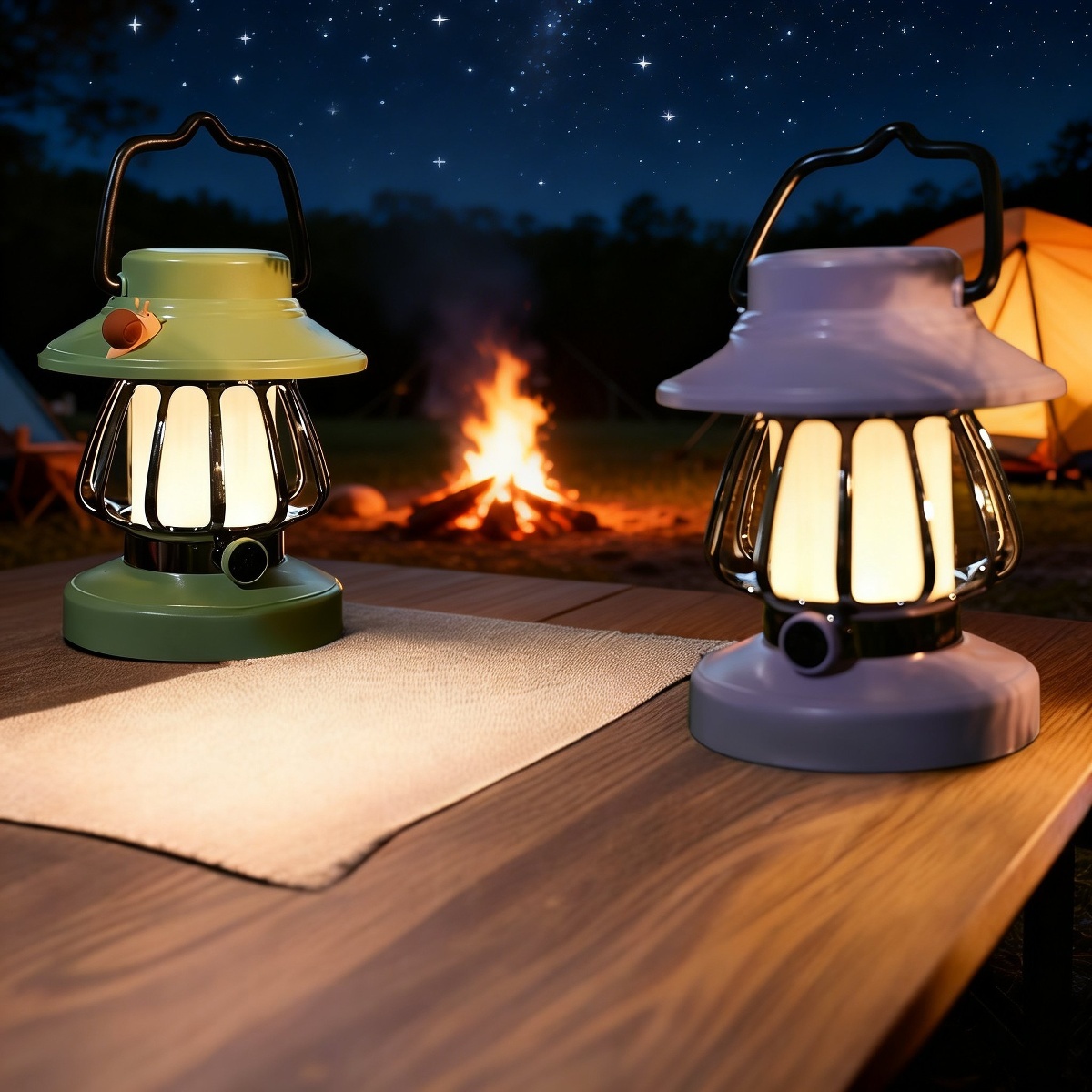 Tragbare Retro-Campinglampe mit LED-Nachtlicht und drei Positionen, USB-Aufladung