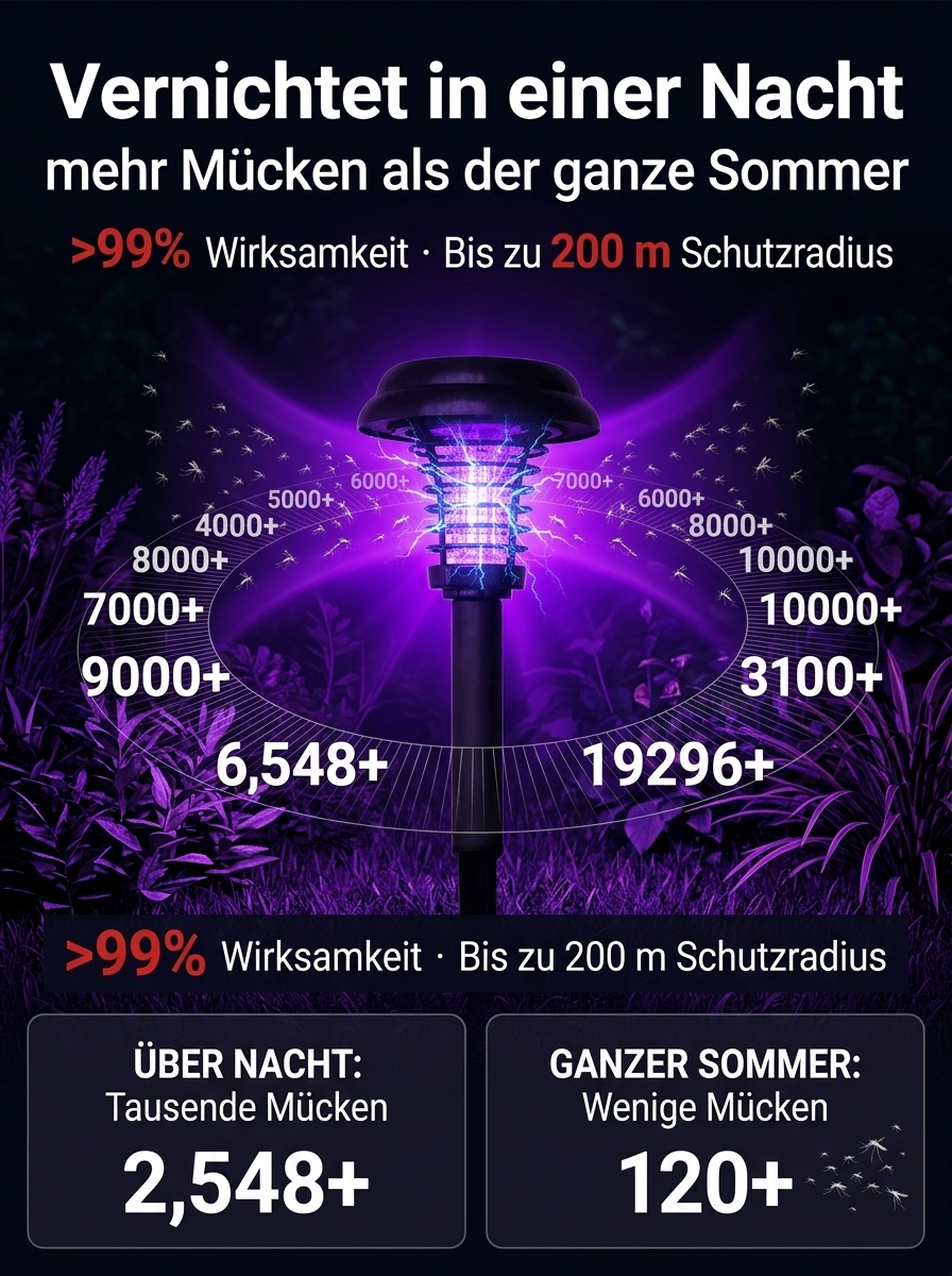 0 € Stromkosten | Chemiefrei | Ganzjährig nutzbare Solar-Mückenlampe