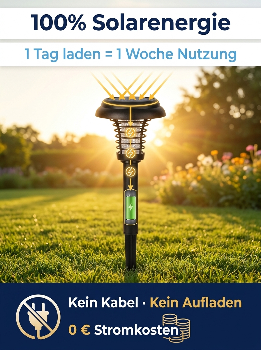 0 € Stromkosten | Chemiefrei | Ganzjährig nutzbare Solar-Mückenlampe