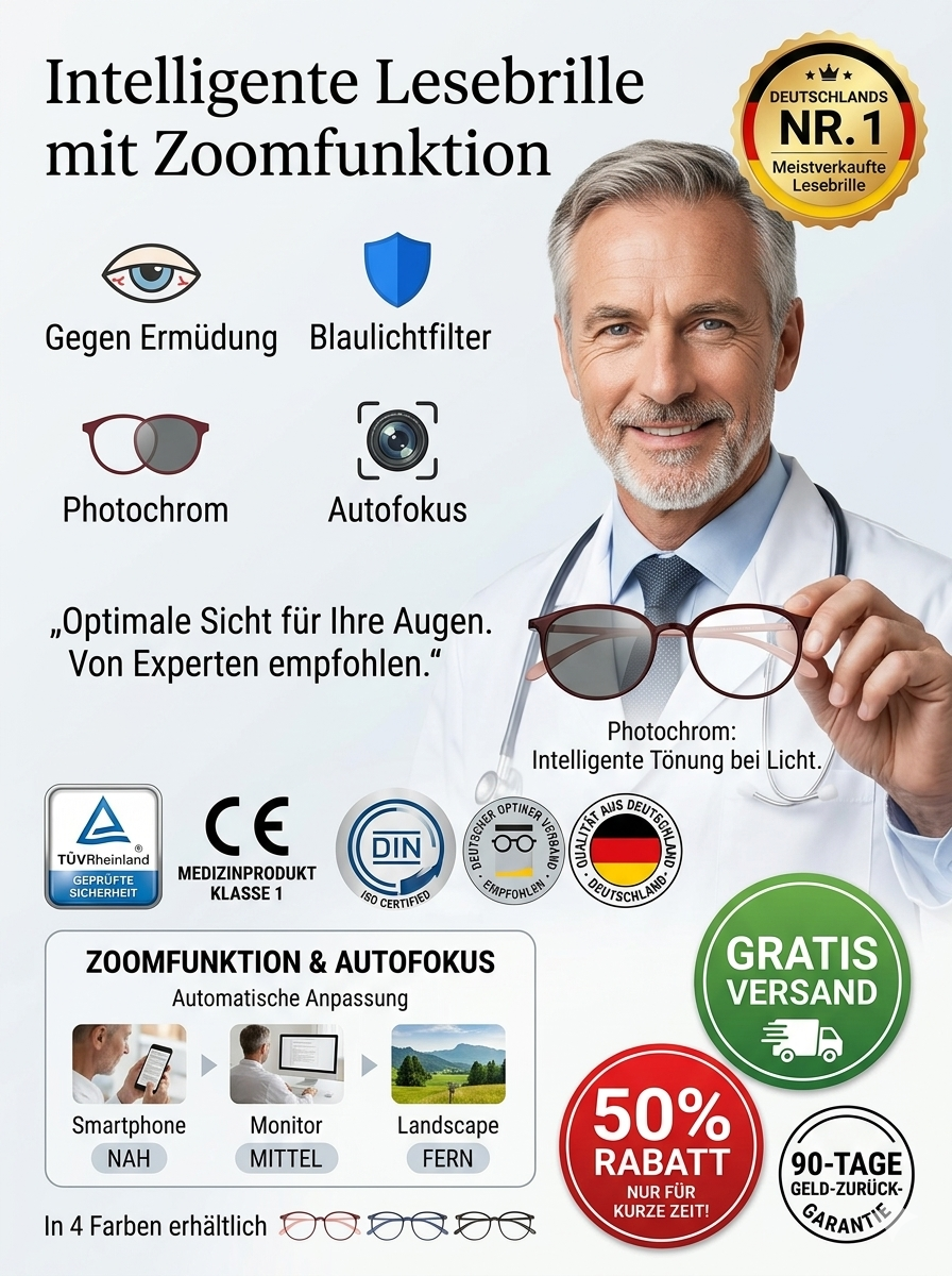 【Keine Augenuntersuchung erforderlich】Ultraleichte adaptive Lesebrille mit Blaulichtfilter💥Automatische Anpassung an Ihre Sehstärke innerhalb von 0,01 Sekunden, Sehfeldabdeckung von 0–1000 Grad👓