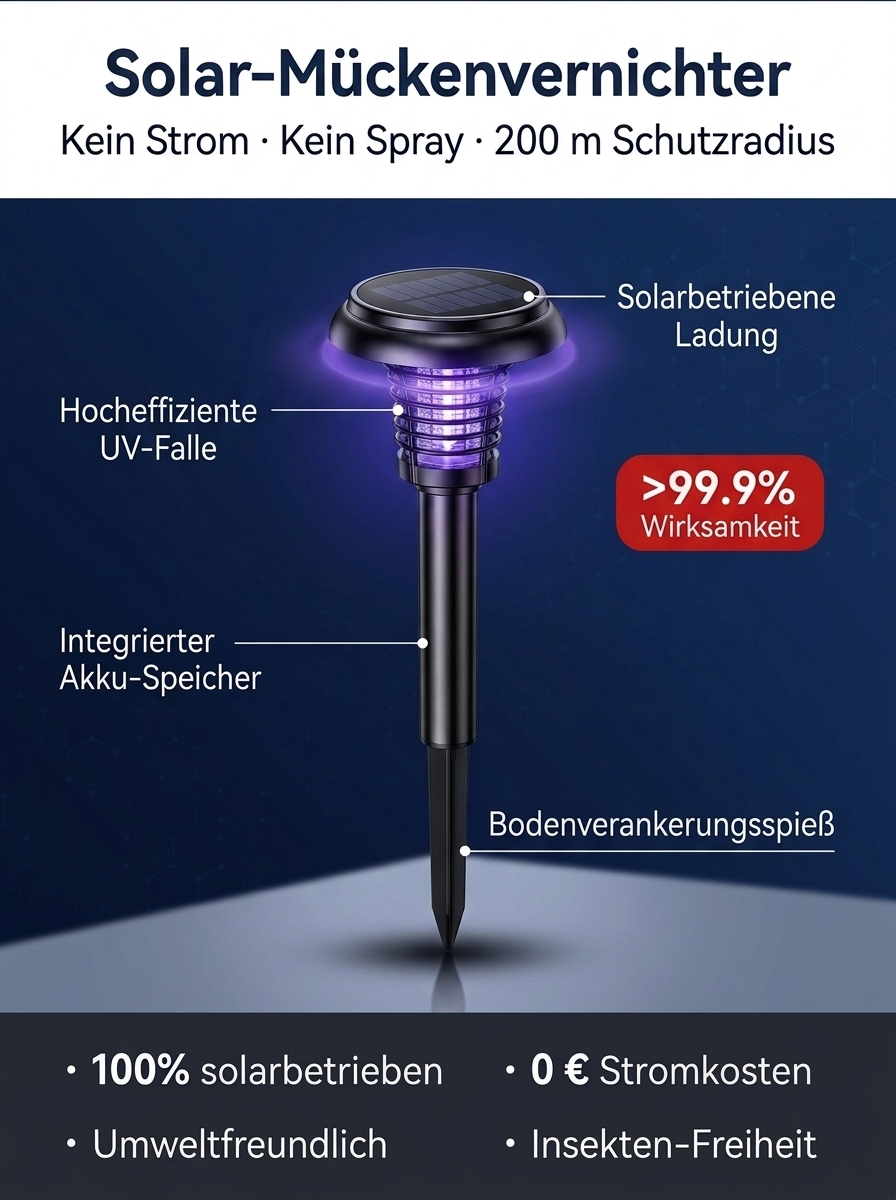 0 € Stromkosten | Chemiefrei | Ganzjährig nutzbare Solar-Mückenlampe