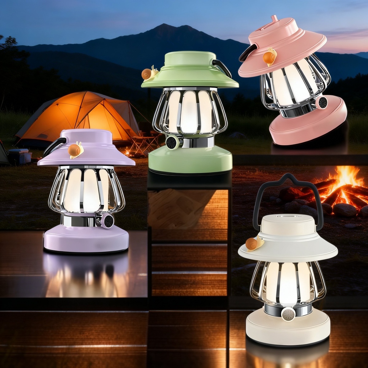 Tragbare Retro-Campinglampe mit LED-Nachtlicht und drei Positionen, USB-Aufladung