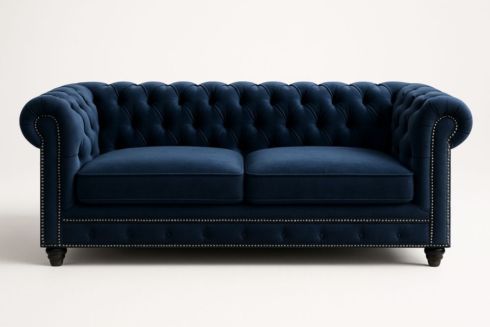 Samettikankainen 2-paikkainen sininen sohva-lumiaurorahaven