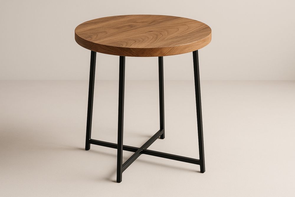 Pyöreä massiivipuupöytä metallijaloilla-lumiaurorahaven