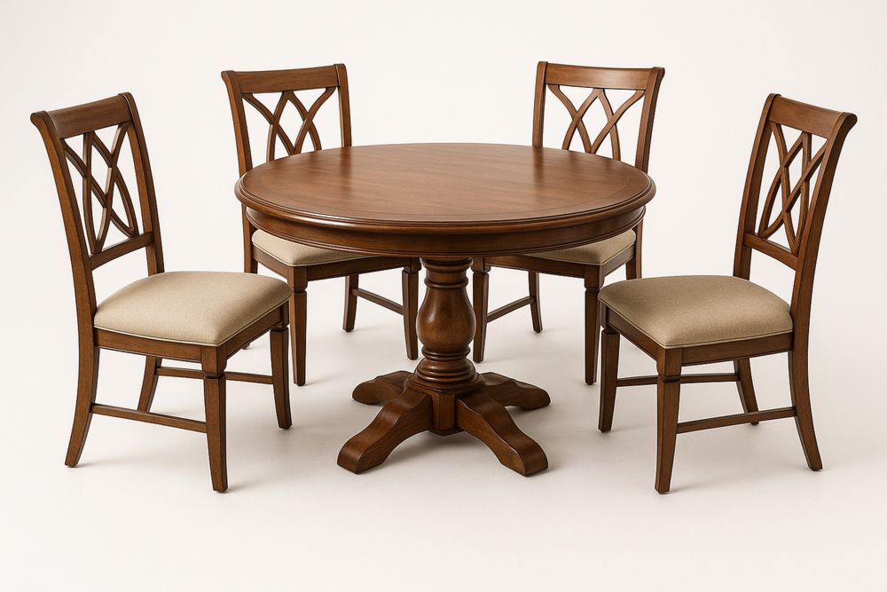 Pyöreä puinen ruokapöytä ja neljä tuolia polyesterikankaalla-lumiaurorahaven