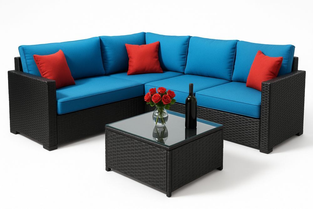 Kulmasohvakalustesarja rottinki sininen/punainen pehmusteet lasipöytä-lumiaurorahaven