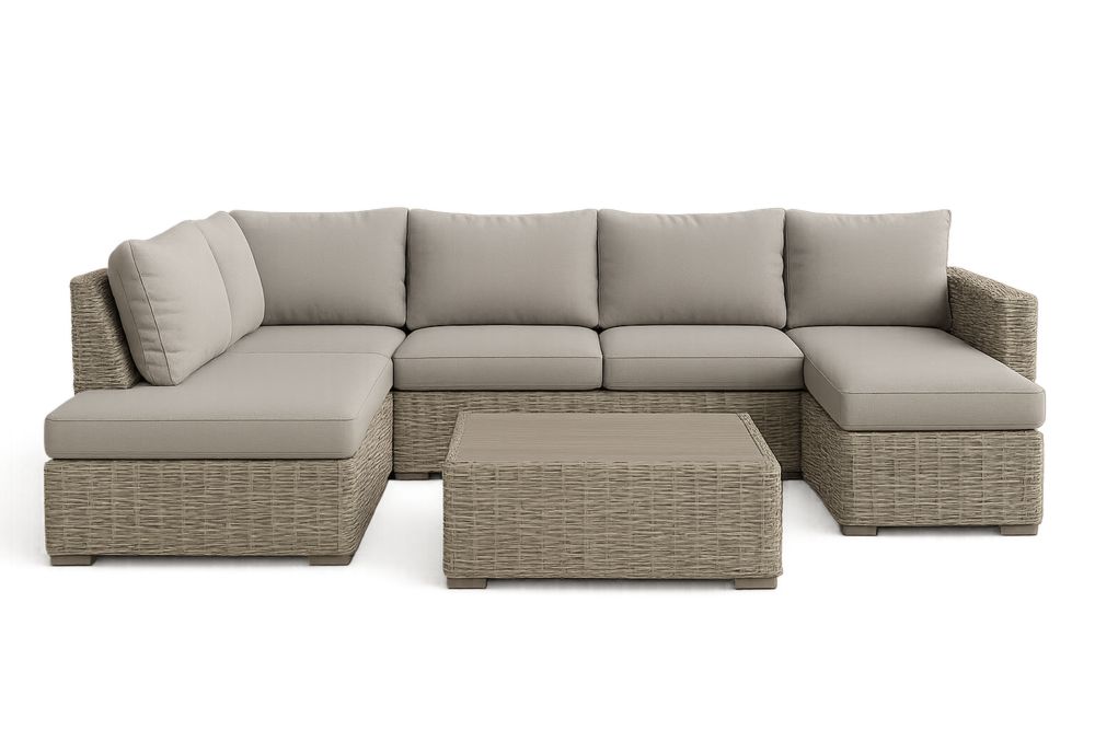 Ulkokulmasohva polyrottinkia ja polyesteriä, beige-lumiaurorahaven