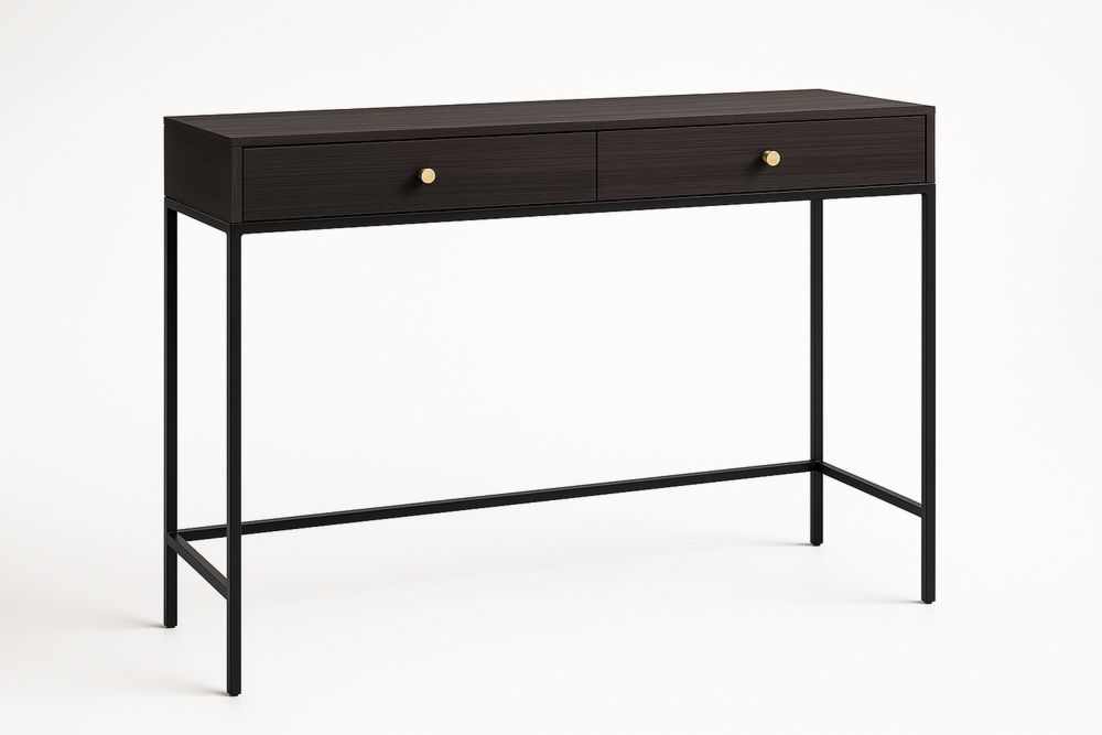 Musta MDF- ja teräksinen sivupöytä kahdella vetolaatikolla-lumiaurorahaven