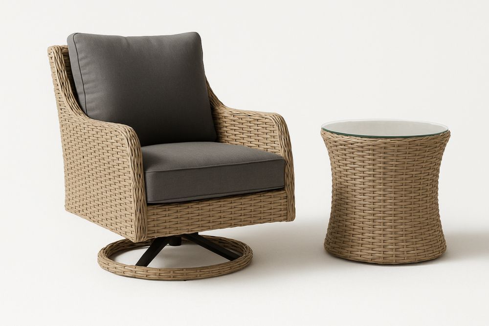 Polyrottinkituoli ja lasipöytä sarja, pyörivä istuin, polyesterikangas, antrasiitti-lumiaurorahaven