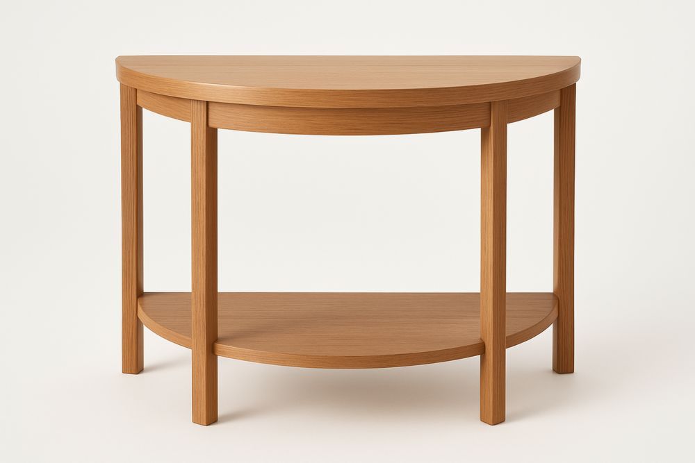 Puolipyöreä puupöytä hyllyillä-lumiaurorahaven