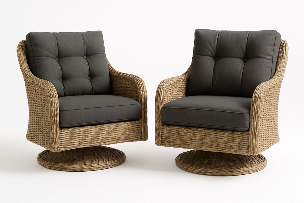 Polyrottinki pyörivä nojatuolipari harmailla pehmusteilla-lumiaurorahaven