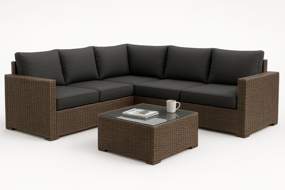 Polyrottinki kulmasohva teräspöydällä tummanharmaa-lumiaurorahaven